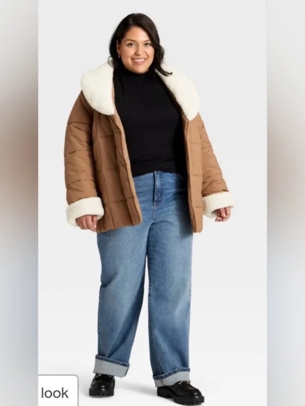 Women's Belted Faux Shearling Puffer Jacket - Ava & Viv Tan 2X - Picture 3 of 3